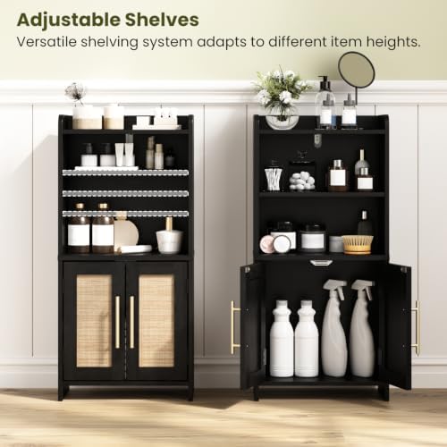 Small Bathroom Storage Cabinet with 2 Doors & Shelf,Rattan Black - Image 3