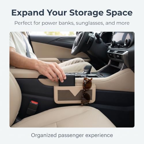 PU Leather Car Seat Gap Storage Pocket, Multifunctional Elastic Mesh Side Organizer, Self-Adhesive Anti-Scratch Car Side Storage Pouch Holds Phone Cards Receipts (Beige) - Image 5