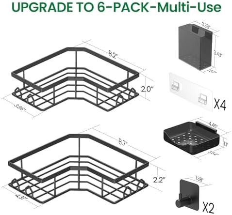 Adhesive Shower Caddy, 6 Pack Corner Bath Organizer, Rustproof Stainless Steel Shower Shelves with Large Capacity, No Drilling Shelves for Bathroom Storage, Home, Kitchen Decor - Image 2