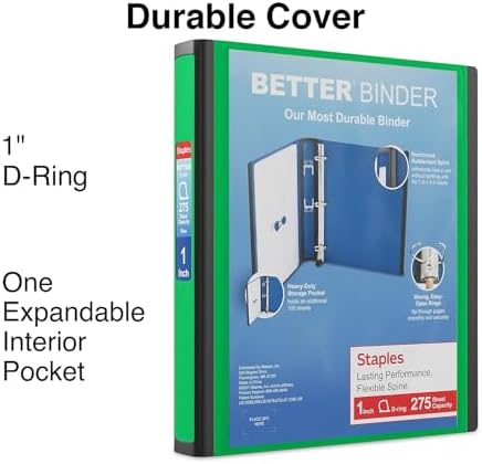 Staples Better View 1-Inch D-Ring Binder, Green, Clear Overlay - Image 2