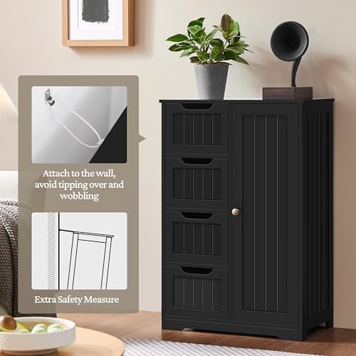 Yaheetech Small Bathroom Storage Cabinet with 4 Drawers & Door, Black - Image 4