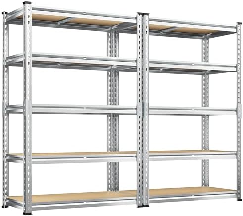 REIBII Garage Shelving, 5 Tier Storage Shelves Load 2400LBS, Adjustable Garage Shelving Heavy Duty, Metal Shelves Unit with Waterproof Columns, 35.5" W x 11.9" D x 72" H, Galvanized, 2 Pack by REIBII