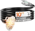 10FT 16 Gauge Black Outdoor Extension Cord with Multiple Outlets by Deeklify