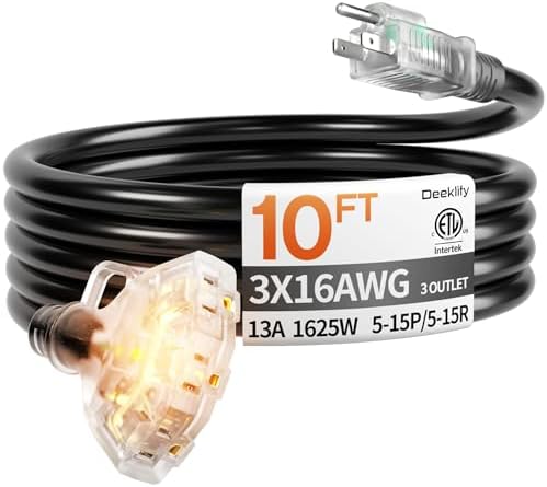 10FT 16 Gauge Black Outdoor Extension Cord with Multiple Outlets by Deeklify