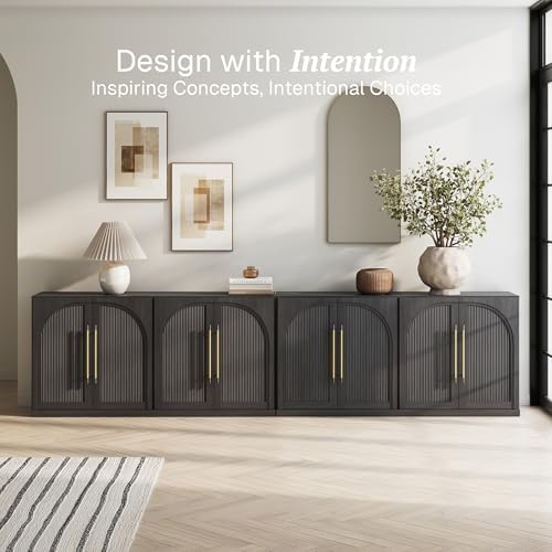 BELLEZE Set of 2 65" Sideboard Cabinet with Double-Arc Wood Doors, Large Buffet Cabinet with Storage and Adjustable Shelves, Classic Modern Console Sideboard for Living Room Kitchen Entryway (Ebony) - Image 4