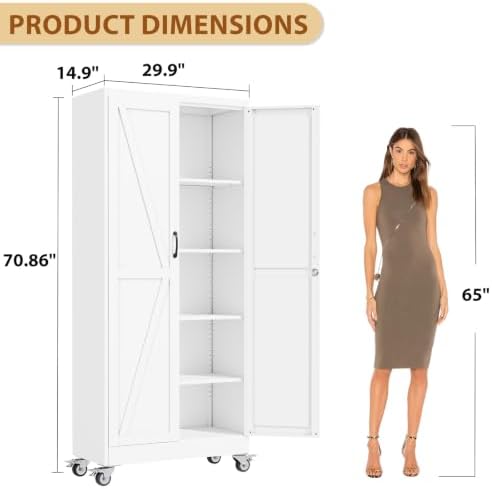 71" Metal Garage Storage Locker Cabinet with Wheels,Rolling White Farmhouse Kitchen Pantry Cabinet with 2 Doors and 4 Adjustable Shelves, Steel File Tool Cabinet for Home Office Warehouse - Image 3