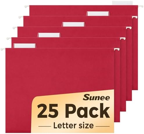SUNEE Hanging File Folders, 25 Pack Letter Size Hanging File Folders with 1/5-Cut Tabs, Ideal for Home and Office Organization and Papers Classification,Red by SUNEE