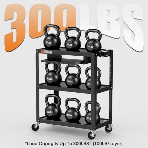 Extra-Large 3-Tier Utility Cart with Built-in Power Strip – Heavy-Duty 14-Gauge Steel Rolling Cart for Office, Workshop, or Classroom – 300 Lb Capacity (34" x 18" x 41.75") - Image 3