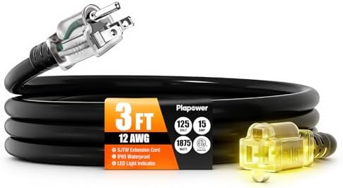 12/3 Gauge Outdoor Extension Cord 3 FT Heavy Duty Waterproof Black by Unknown