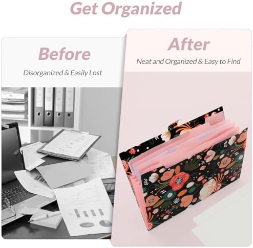 SKYDUE Expanding File Folder with 5 Pockets, Floral Accordion File Organizer for Important Document, Portable Receipt Paper Organizer, School Office Supplies Black - Image 6