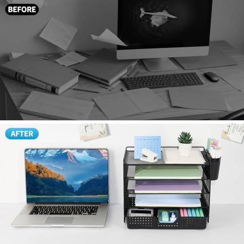 LEKETREE Desk Organizer and Accessories, 5-Tier Paper Letter Tray Organizer with Drawer & 2 Pen Holders for Desktop File Organization, Office Desk Accessories for Supplies Storage (Black) - Image 6