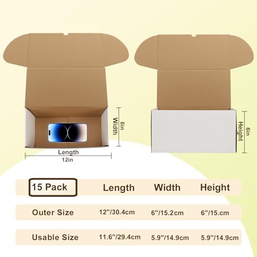 WIFTREY 12x6x6 White Shipping Boxes pack of 15, Corrugated Cardboard Boxes 12 x 6 x 6 for Packaging Small Business, Moving, Mailing - Image 2