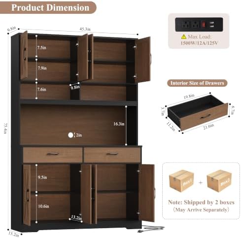 HOSTACK 75" Tall Kitchen Pantry Storage Cabinet, 45" W Hutch, Brown/Black - Image 3