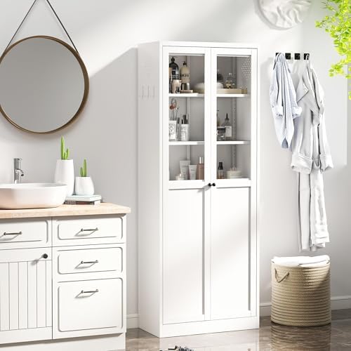 AQY Kitchen Pantry Cabinet,72" White Pantry Storage Cabinet with 5 Tire Adjustable Shelves and Glass Doors,Freestanding Cupboard,Metal Pantry Cabinets with Handle for Living Room,Assembly Required - Image 2