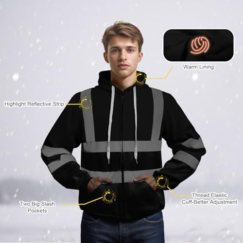 TCCFCCT Safety Jackets for Men Reflective Safety Work Hoodies with Zipper, Class 3 High Visibility Hoodie for Men Women, Hi Vis Hoodies for Surveyors, Dirt-resistant Part, Black L - Image 3
