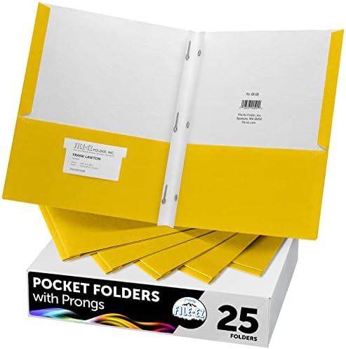 FILE-EZ Two-Pocket Folders with 3-Prong Fasteners, Yellow Color, 25-Pack, Durable Textured Paper, Matte Finish, Letter Sheet Size (EZ-92570) by FILE-EZ