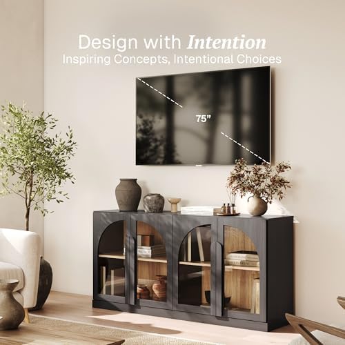 BELLEZE Bijou 64" Arched Glass Door Sideboard, Accent Buffet Cabinet with Storage and Adjustable Shelves, Classic Modern Large Console Table for Dining Room Living Room Entryway - Ebony - Image 3