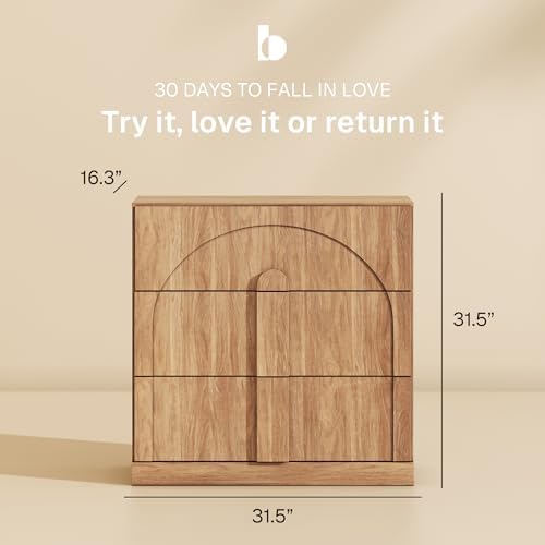 BELLEZE Sideboard Cabinet with 3 Drawers, Set of 2 Modern Wood Buffet Cabinet with Arc Design, Large Fluted Sideboard with Storage for Kitchen Living Room Entryway, Camel - Image 2