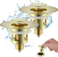 Hibbent 2 Pack All Metal Universal Bathroom Sink Stopper for 1.1''~2.3'' Basin, Pop Up Sink Drain Strainer, Brass Core Push Type Stopper, Stainless Steel Anti Clogging Drain Filter, Brushed Gold by Hibbent