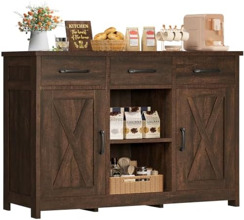 TEENFON Coffee Bar Cabinet with 3 Drawers, Farmhouse Buffet Cabinet by TEENFON
