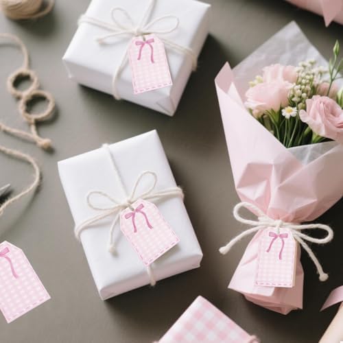 100Pcs Coquette Pink Bow Gift Tags with String Pink Buffalo Plaid Large Gift Tag with 65Ft White String Paper Gift Tag for Coquette Bow Baby Shower Birthday Bachelorette Wedding Gift Wrap Tag - Image 5