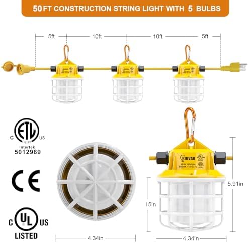50ft LED Construction String Lights, 75W 7500LM Industrial Grade Super Bright String Work Lights for Construction Sites, Temporary Work, Renovation, Jobsite, and all outdoor lighting(50ft-5lights) - Image 2