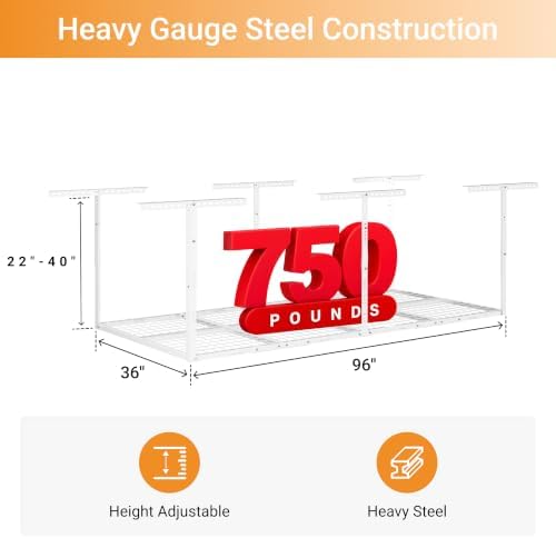 3x8ft Overhead Ceiling Garage Storage Rack, 750LBS Capacity, White - Image 3