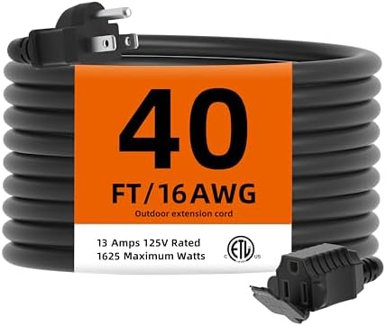 TiFFCOFiO Indoor Outdoor Extension Cord Waterproof, 40 Feet 3 Prong Power Cord for Home and Garden, 16 AWG, 13A/1625W, ETL Listed by TiFFCOFiO