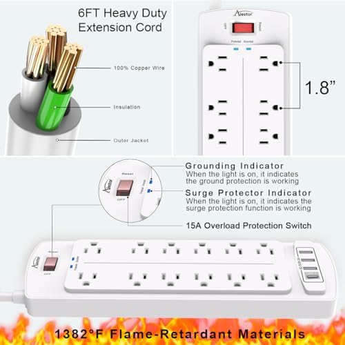 ALESTOR 6 Ft Surge Protector Power Strip with 12 Outlets and 4 USB Ports - Image 6