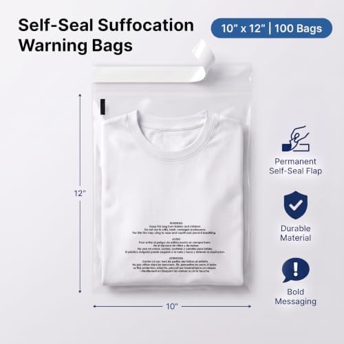 10” X 12” (100 Count) Self Seal Clear Poly Bags with Suffocation Warning - Image 2