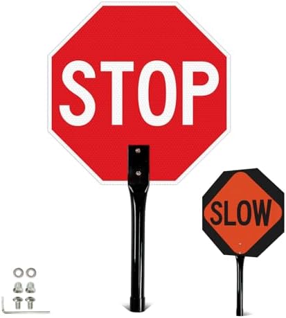 T&R (1 Pack) Stop Slow Sign with Handle, 13 x 13 Inches Double Sided Stop/Slow Traffic Sign, Rust Free Aluminum Reflective, Weather Resistant, Waterproof, Fade Resistant, Easy to Mount(Orange) by TR