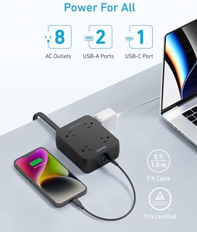 Anker Power Strip with 2000J Surge Protector, 5ft Outlet Extender, 20W, 8AC - Image 2