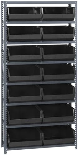 Quantum Storage Systems QSBU-250BK Giant Open Hopper Steel Shelving System, 12" D x 36" W x 75" H, with 8 Shelves and 14 QUS250 Bins, Black by QuantumStorageSystems