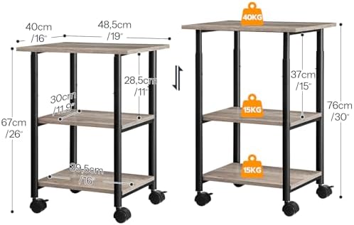 HOOBRO Printer Stand, 3-Tier Industrial Under Desk Printer Cart with Shelf, Mobile Heavy Duty Storage Rack on Wheels for Home, Office, Grey and Black BG03PS01G1 - Image 5