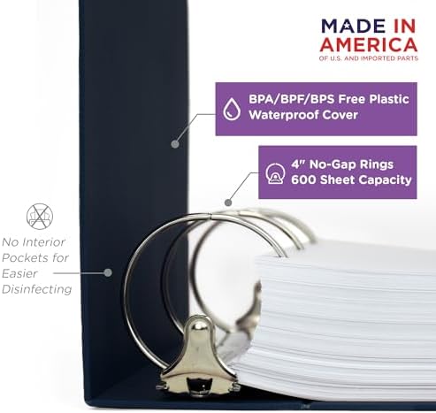 Carstens 4-Inch Heavy Duty 3-Ring Binder - Side Opening, Navy Blue, Durable Plastic, Precision No-Gap Rings, Waterproof Cover, No Pockets, Holds 600 US Letter Sheets, BPA-Free, Made in USA (1849-3R) - Image 2