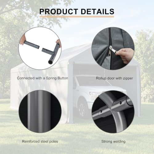 Carport 10x20 Ft Heavy Duty Canopy Steel Canopy Storage Shed,Portable Party Tent,Portable Garage with Removable Sidewalls & Doors All-Season Tarp for Carport Grey - Image 6