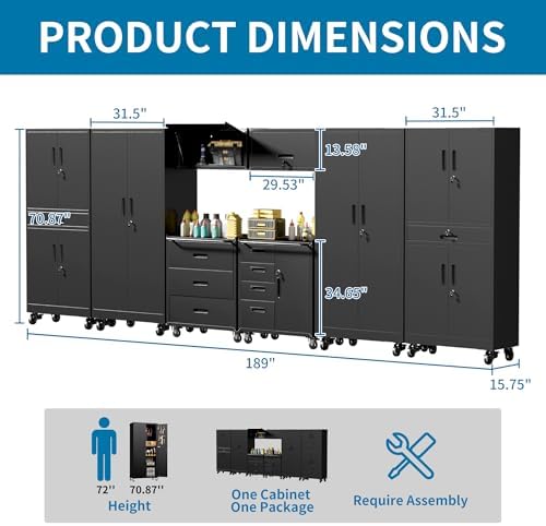 Black Garage Storage Cabinets System 8 PCS Workshop Set with Drawers Locking Heavy Duty Rolling Cart with Adjustable Shelves Garage Tool Workbench Cabinets 8 PCS167 - Image 2