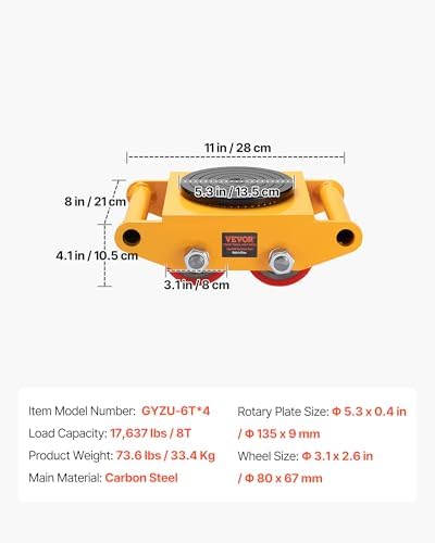 VEVOR 4pcs Machinery Mover, 8T Machinery Skate Dolly, 17637lbs Machinery Moving Skate, Machinery Mover Skate w/ 360° Rotation Cap and 4 Rollers, Heavy Duty Industrial Moving Equipment, Yellow - Image 7