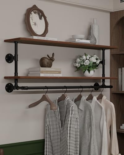 Clothes Rack 36/42/48in, Wall Mounted Garment Rack with Real Wood Shelf, Heavy Duty Hanging Clothes Rack, Multi-Purpose Hanging Rod, Space-Saving Closet Storage (1T36IN) (2T48IN) by INDUSTRIALSHELVESDESIGN
