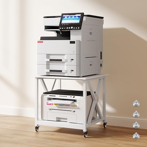 2 Tier White Printer Stand, 23.6 x 23.6 Inches Large Printer Table with Storage Shelf, Rolling Printer Cart with Wheels, Mobile Table for Home Office (White) by Vokumba
