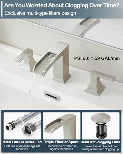 Brushed Nickel Bathroom Faucet, 4-16 Inch Waterfall Bathroom Faucets 2 Handle, Brass Vanity Faucet 3 Holes, Modern Bathroom Sink Faucet with Pop-up Drain, Supply Hoses - Image 3