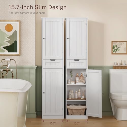 TEENFON 66.9" H Tall Bathroom Cabinet with 2 Doors & 1 Drawer, Narrow Bathroom Storage Cabinet with Adjustable Shelves, for Living Room, Entryway, Kitchen, White - Image 4