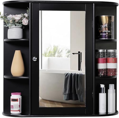 Iwell Bathroom Medicine Cabinet with Mirror, Wall Cabinet with 2 Adjustable Shelves & 6 Open Shelves, Bathroom Cabinet Wall Mounted, Over The Toilet Space Saver Storage Cabinet, Black by IWELL