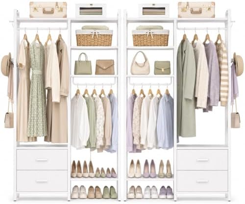 Besiost 78.7'' Clothes Rack for Hanging Clothes - Reversible Clothing Rack with 4 Drawers, Heavy Duty Garment Racks with Shelves, 6 Tiers Freestanding Portable Closet Wardrobe System, Set of 2 White by Besiost