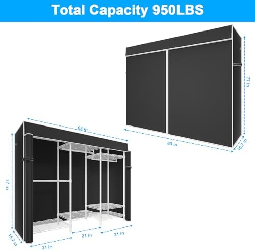 Ulif E13C Heavy Duty Closet Organizer System，Freestanding Clothing Racks for Hanging Clothes，Adjustable Garment Rack 63" W x 16" D x 77" H Hold 960 lbs，White Clothing Rack with Black Dustproof Cover - Image 2