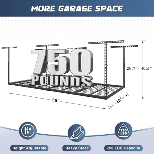 4X8FT Overhead Garage Storage Rack 750LBS Capacity, 26"-40" Height Adjust - Image 2