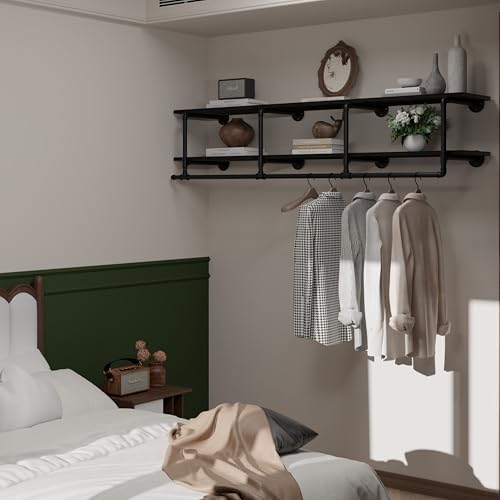 Wall Mounted Clothes Rack 12 Inch Deep, 72 Inch Heavy Duty Garment Rack with Real Black Wood Shelf, Multi-Purpose Hanging Rod & Space-Saving Closet Storage Organizer - Image 4