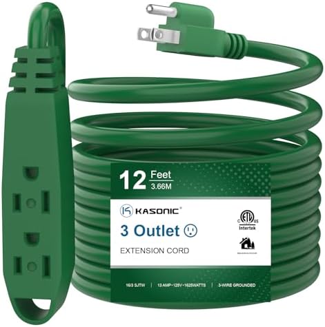 K KASONIC 12 FT 3 Outlet Extension Cord, 16/3 SJTW Grounded Cord, Green by KASONIC