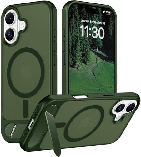 Temdan Designed for iPhone 17 Case, [Built-in Invisible Kickstand][Compatible with MagSafe][Military Grade Shockproof] Slim Translucent Matte Phone Case 6.3 inch (Green) by Temdan
