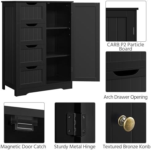 Yaheetech Bathroom Storage Cabinet with 4 Beadboard Drawers and Door, Black - Image 6